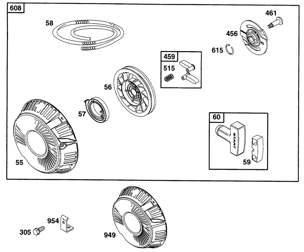Rewind Starter Assembly 1 Diagram and Parts List for 290447-1147-XX  Briggs and Stratton Engine